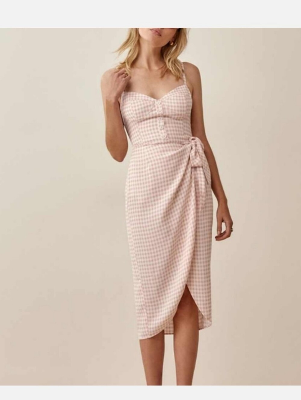 REFORMATION RIANNE DRESS IN BLUSH CHECK